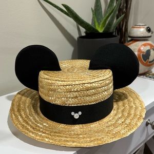 Straw hat Mickey ears black bow